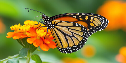Fototapeta premium Monarch butterfly standing on vibrant orange flower feeding