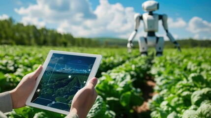 A robot is controlled by a tablet to navigate through a green crop field, showcasing the integration of advanced technology in modern agriculture.