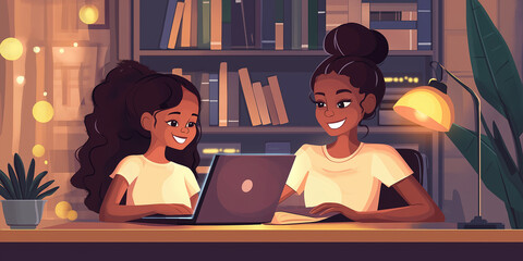 Mother and daughter using laptop for homeschooling in cozy evening interior