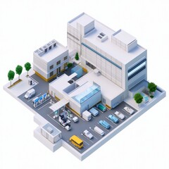 3D Render of a healthcare business center with medical offices, patient rooms. Miniature, on isolated white background