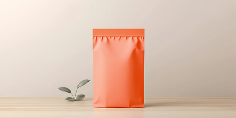 Orange doypack pouch standing up on wooden surface with plant