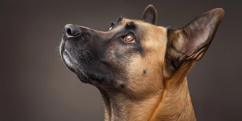 Obraz premium Curious german shepherd dog looking up with perky ears on brown background