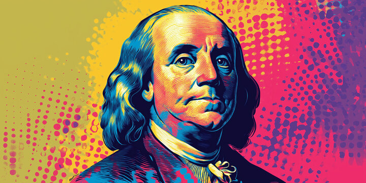 Colorful artistic portrait of benjamin franklin with a modern twist