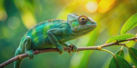 Obraz premium Chameleon perched on branch with leaves against beige background, nature and wildlife concept , chameleon, branch