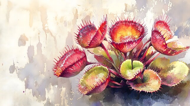 A watercolor illustration of a Venus flytrap with open traps