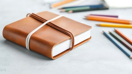 An artist's leather journal overflowing with expressive sketches and brainstorming notes, colored pencils scattered around, creating an inspiring workspace vibe