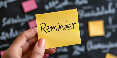 Woman holding reminder sticky note in front of blackboard