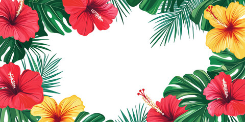 Colorful tropical flowers and leaves are creating a border on white background