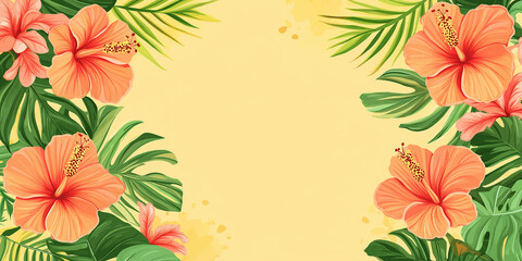 Tropical background featuring exotic hibiscus flowers and palm leaves