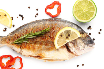 Tasty grilled dorado fish with lemon on white background