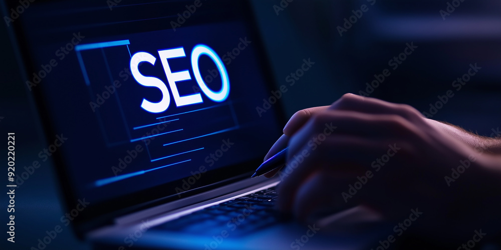 Poster Web developer optimizing website with seo on laptop in the dark