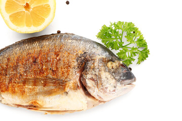 Tasty grilled dorado fish on white background