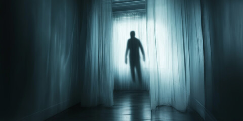 Shadowy figure appearing behind curtains in dark room