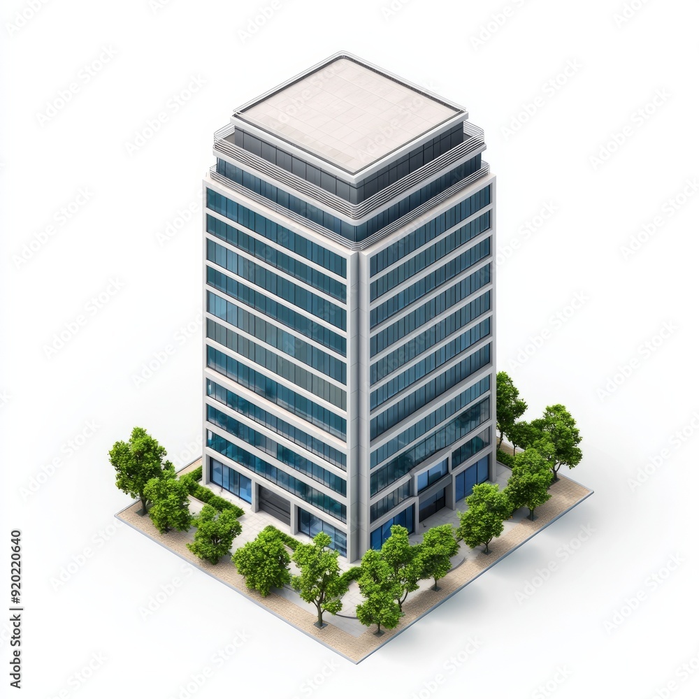 Poster 3d render of a tech company building featuring innovative design and tech labs. miniature, on isolat