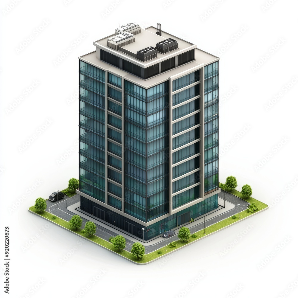 Poster 3d render of a tech company building featuring innovative design and tech labs. miniature, on isolat