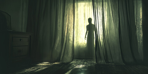 Silhouette of a person standing behind curtains in a dark room