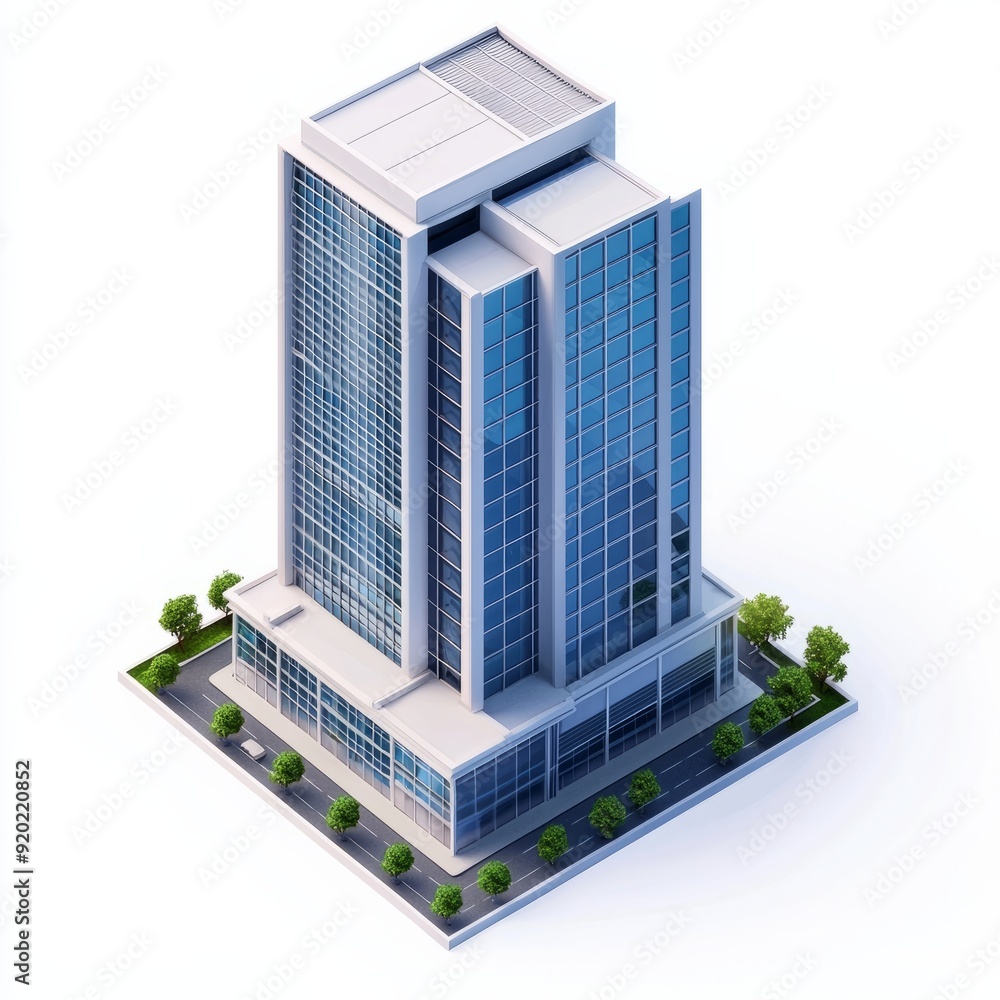 Poster 3d render of a tech company building featuring innovative design and tech labs. miniature, on isolat