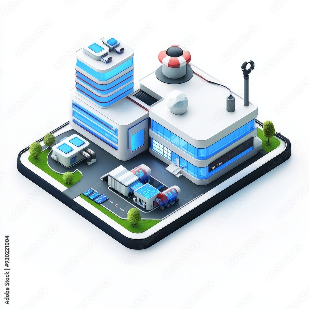 Poster 3d render of a tech company building featuring innovative design and tech labs. miniature, on isolat