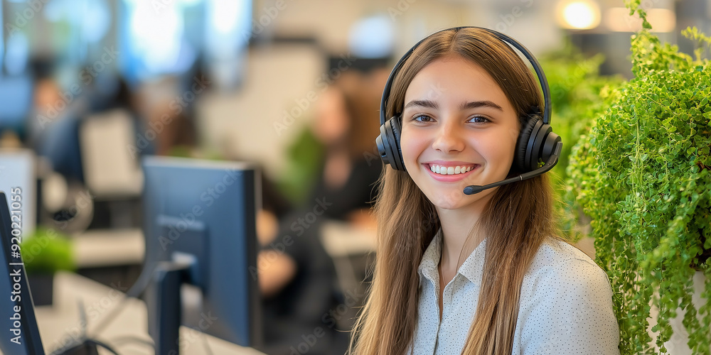 Poster Smiling customer service representative working in busy call center