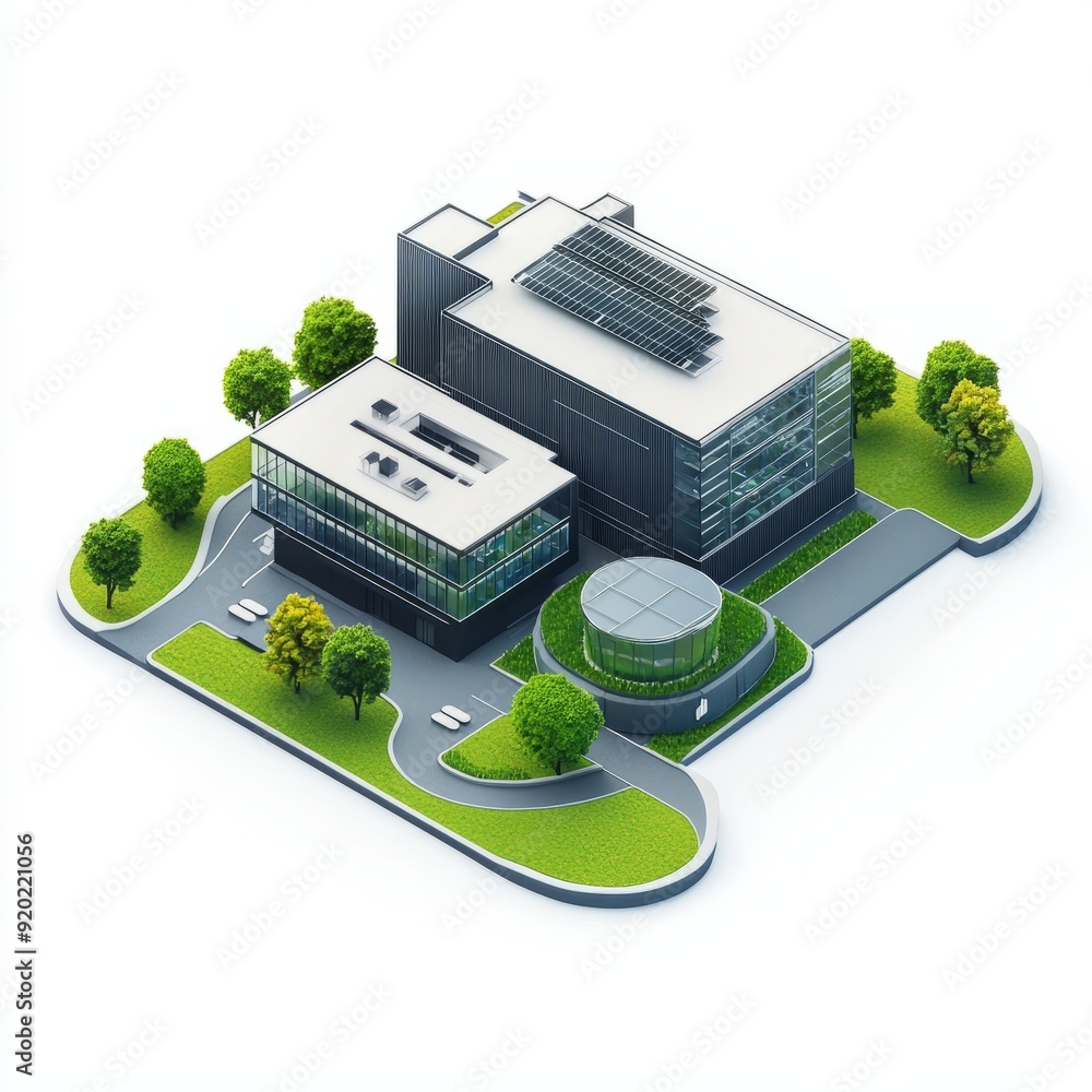 Poster 3d render of a tech company building featuring innovative design and tech labs. miniature, on isolat