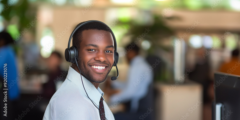 Poster Young black customer service agent smiling while working in busy call center
