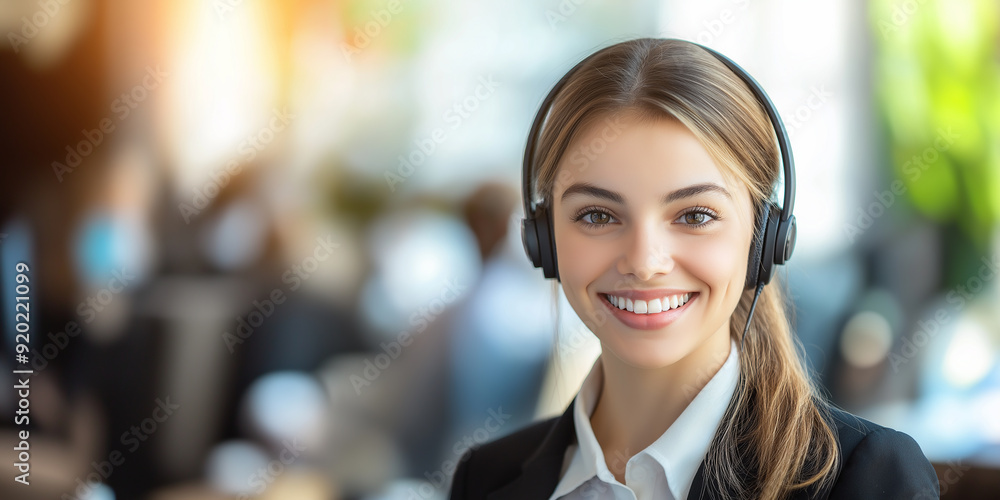 Aufkleber smiling customer service representative wearing headset in busy call center