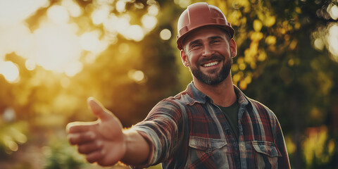 Smiling construction worker offering handshake outdoors at sunset