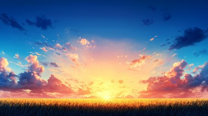 A breathtaking sunrise over a golden field, illuminating the sky with vibrant colors and fluffy clouds, evoking serenity and beauty.