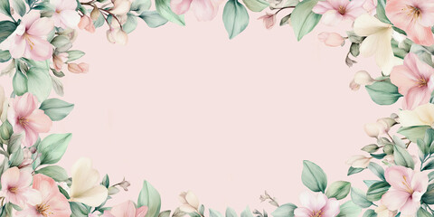 Watercolor flowers frame creating negative space on pink background