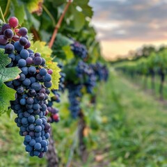 Naklejka premium Ripe Grapes Hanging on a Vine in a Vineyard at Sunset