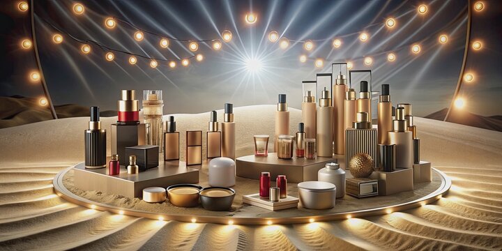 Elegant catwalk display showcasing goods and cosmetics on a sandy field with bright lighting, fashion, runway, accessories