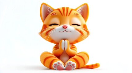 A cute, cartoonish orange cat sitting with a joyful expression, hands together in a playful pose.