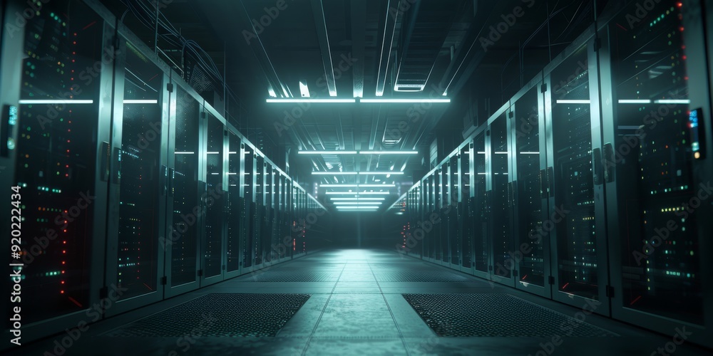 Poster a sleek, modern data center features advanced server technology and cuttingedge lighting for optimal