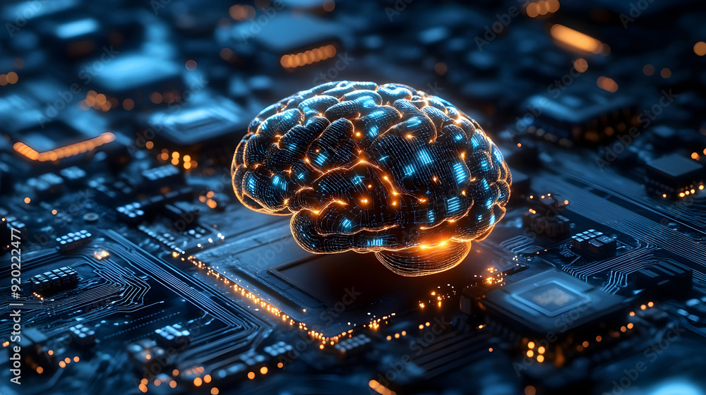 Poster a digital brain model overlaid on a circuit board, symbolizing artificial intelligence.