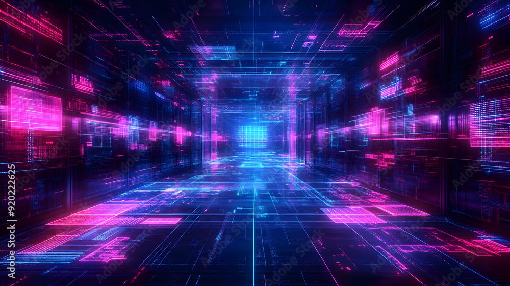 Canvas Prints A futuristic digital corridor with vibrant pink and blue lights and data streams.