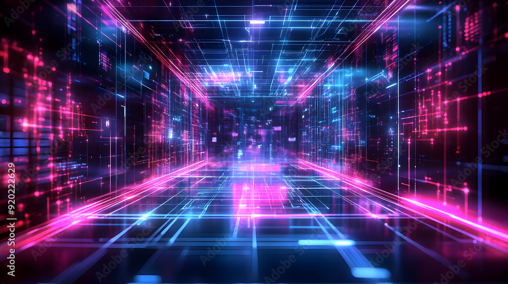 Poster a futuristic digital environment with glowing lines and grids in vibrant colors.