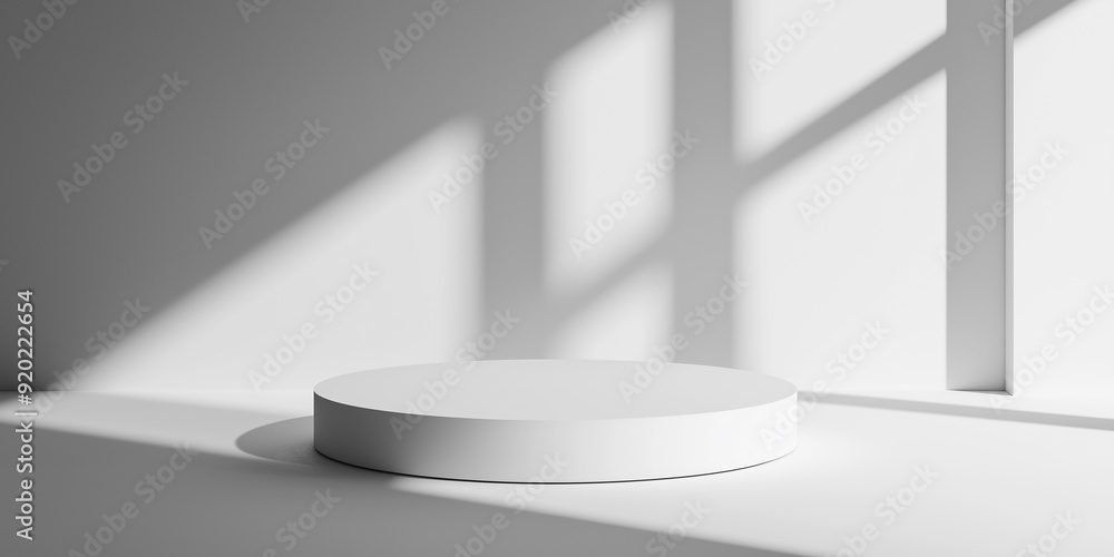 Poster White round podium displaying on empty room with window light shadow