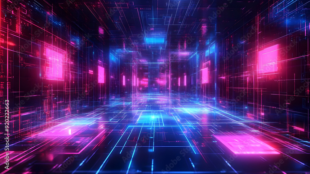 Poster a futuristic digital environment with neon lights and grid patterns.