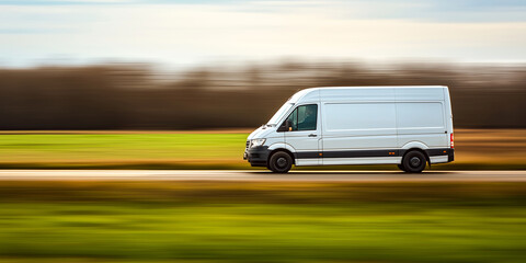 White delivery van speeding on a countryside road