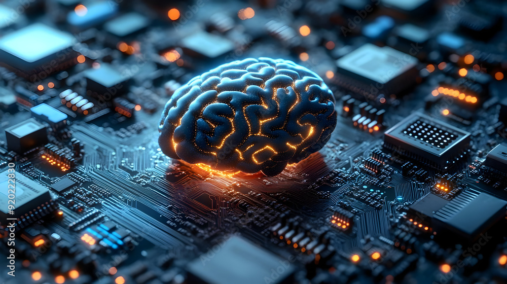 Poster a digital brain on a circuit board, symbolizing the fusion of technology and intelligence.