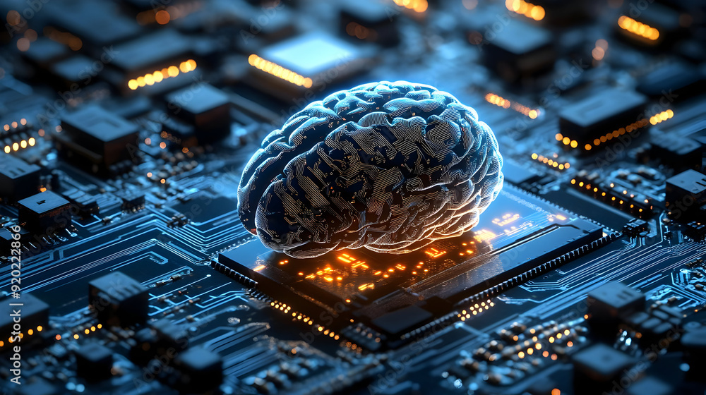 Poster a brain resting on a circuit board, symbolizing the fusion of technology and intelligence.