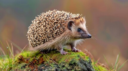 Close-Up of a Cute Hedgehog Perched on a Mossy Rock with a Soft Autumnal Background.
