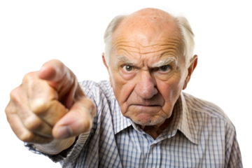 close-up A hand's old man pointing with angry isolated on transparent background