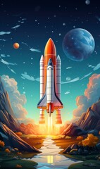 Obraz premium A colorful illustration of a rocket launching into space, surrounded by planets and a stunning cosmic backdrop.