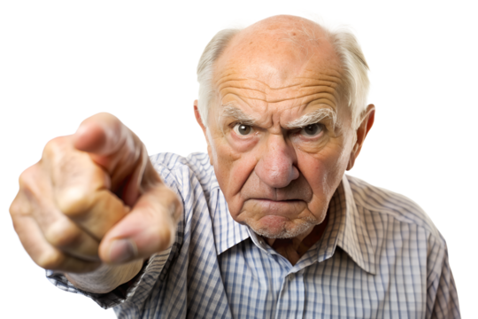 close-up A hand's old man pointing with angry isolated on transparent background