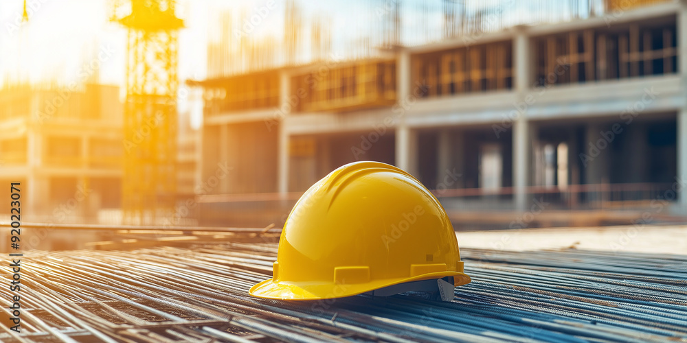 Wall mural yellow hard hat sitting on steel rebar at construction site at sunset