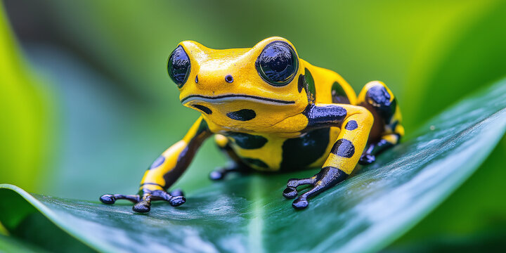 Yellow banded poison dart frog sitting on a leaf