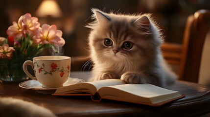 A cute kitten sits beside a steaming cup and an open book, surrounded by flowers.