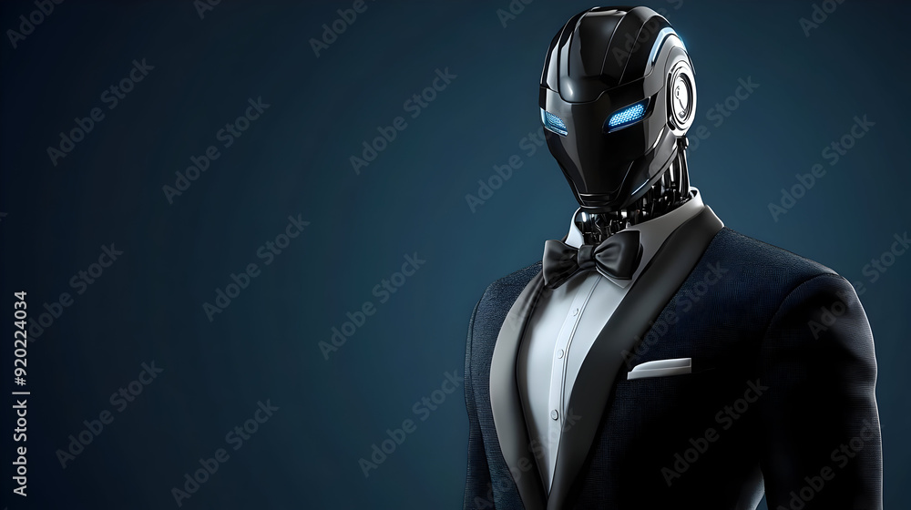 Poster a futuristic robot in a tuxedo, blending elegance with advanced technology.