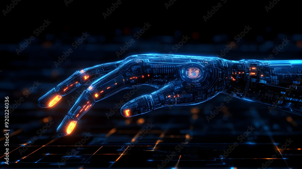 Poster a futuristic robotic hand with glowing circuitry reaching out in a digital environment.